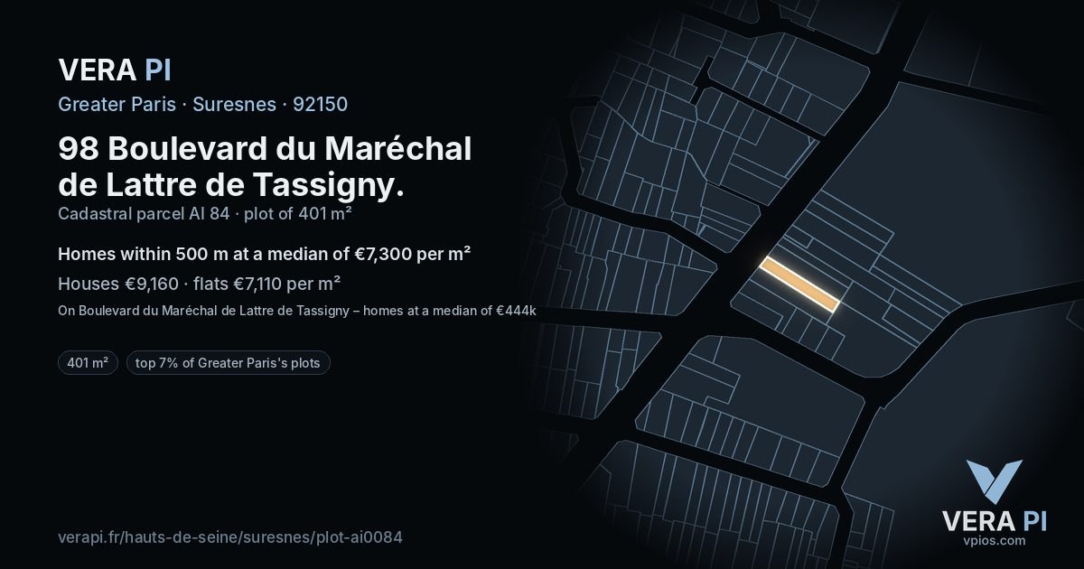 98 Boulevard du Maréchal de Lattre de Tassigny, Suresnes at night – the plot lit, the parcels around coloured by the prices near them