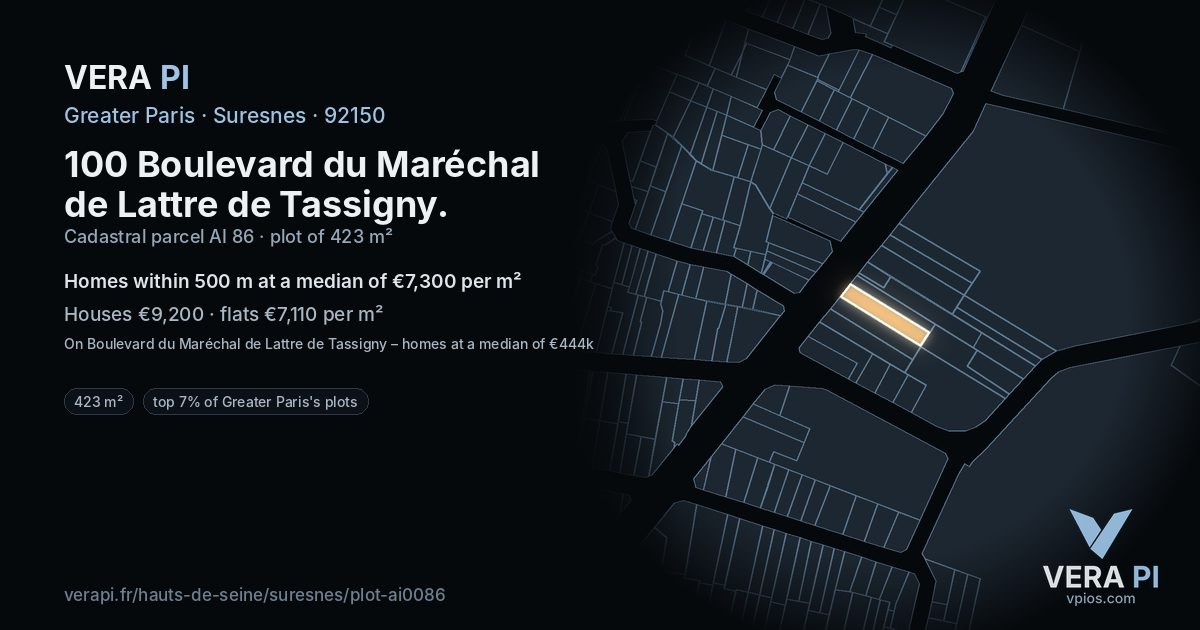 100 Boulevard du Maréchal de Lattre de Tassigny, Suresnes at night – the plot lit, the parcels around coloured by the prices near them