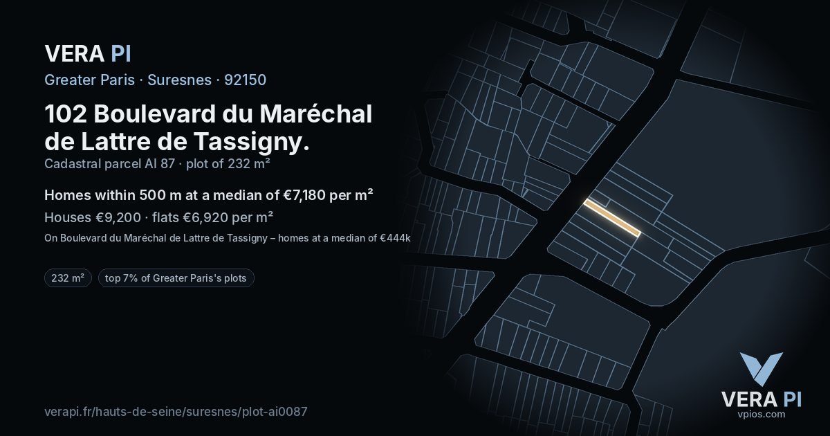 102 Boulevard du Maréchal de Lattre de Tassigny, Suresnes at night – the plot lit, the parcels around coloured by the prices near them