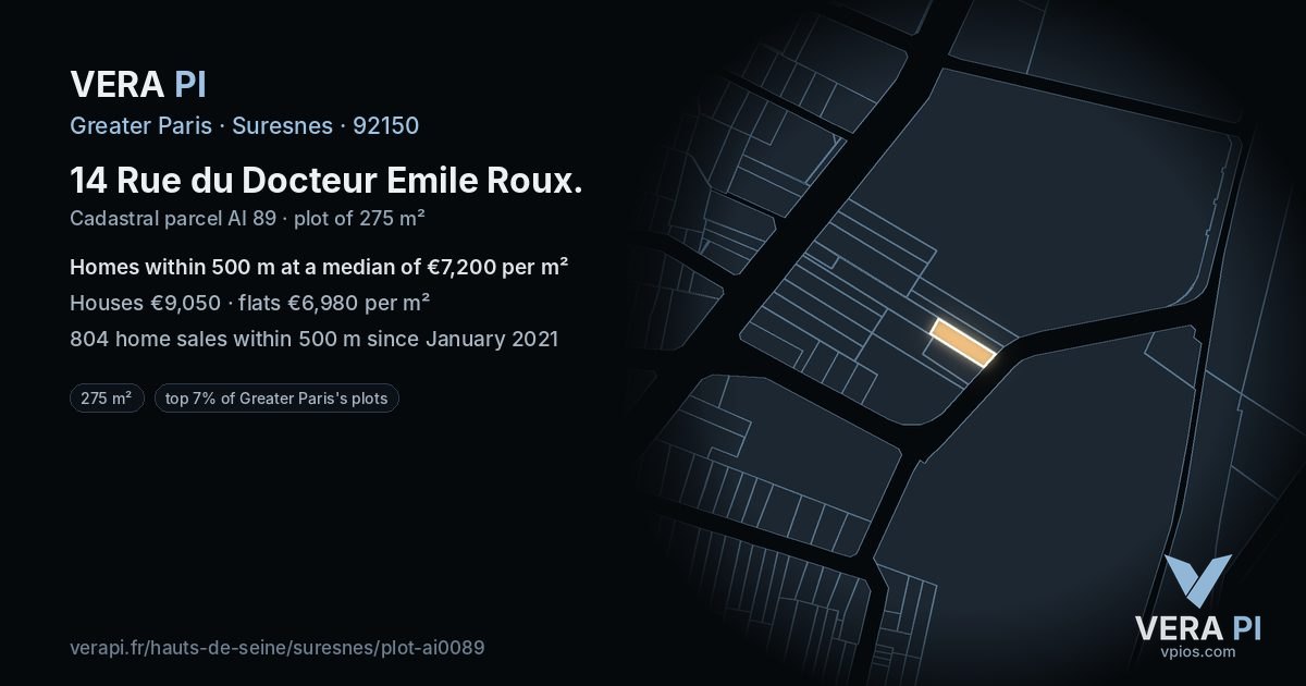 14 Rue du Docteur Emile Roux, Suresnes at night – the plot lit, the parcels around coloured by the prices near them