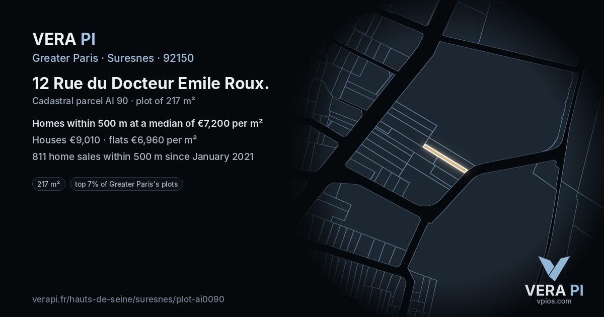 12 Rue du Docteur Emile Roux, Suresnes at night – the plot lit, the parcels around coloured by the prices near them