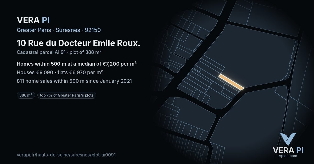 10 Rue du Docteur Emile Roux, Suresnes at night – the plot lit, the parcels around coloured by the prices near them