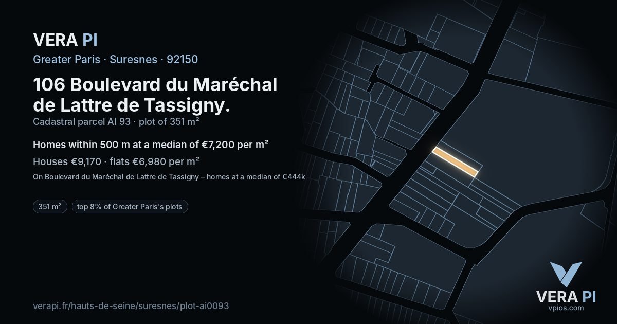 106 Boulevard du Maréchal de Lattre de Tassigny, Suresnes at night – the plot lit, the parcels around coloured by the prices near them
