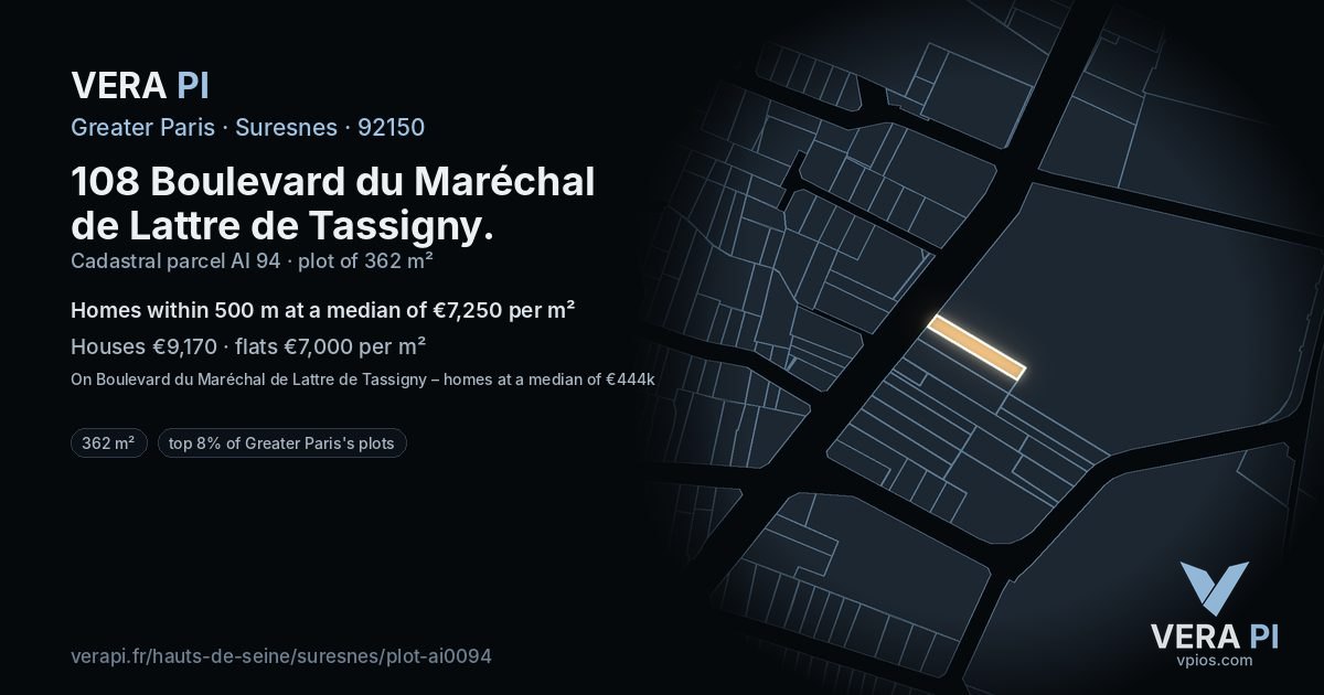 108 Boulevard du Maréchal de Lattre de Tassigny, Suresnes at night – the plot lit, the parcels around coloured by the prices near them