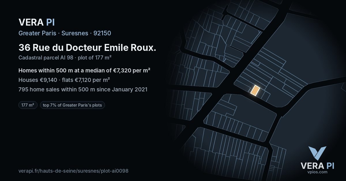 36 Rue du Docteur Emile Roux, Suresnes at night – the plot lit, the parcels around coloured by the prices near them