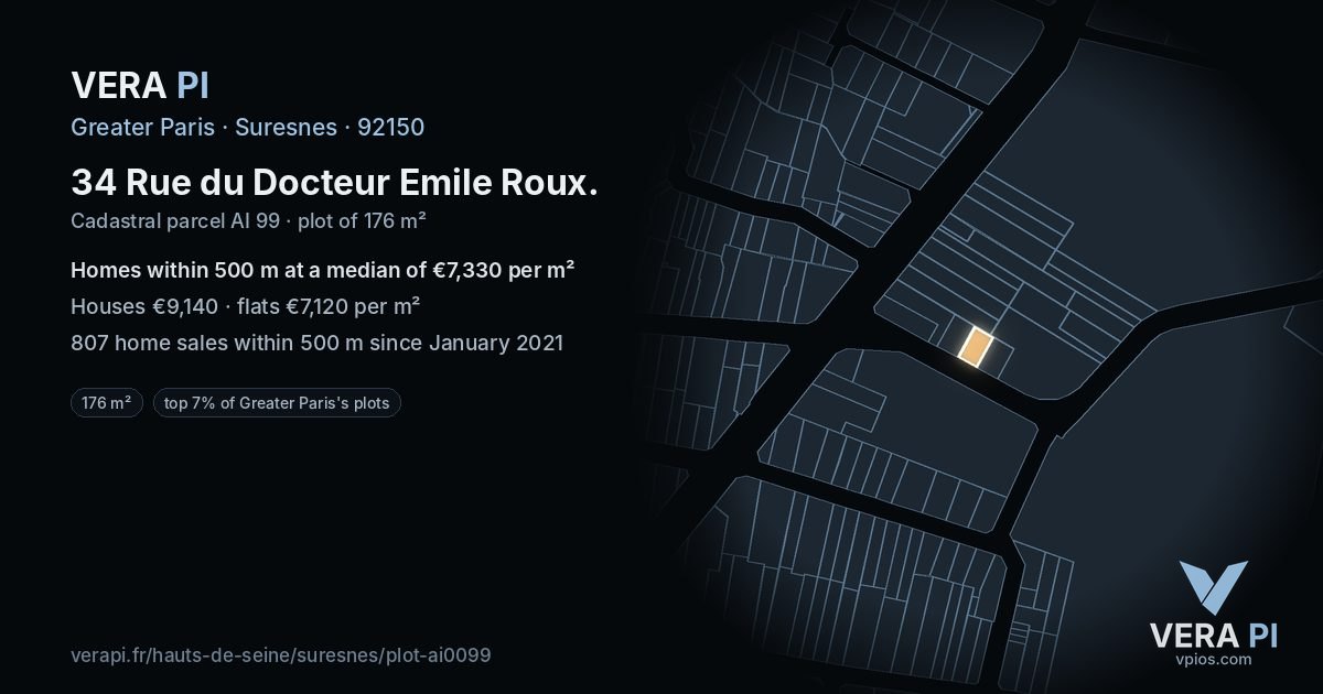 34 Rue du Docteur Emile Roux, Suresnes at night – the plot lit, the parcels around coloured by the prices near them