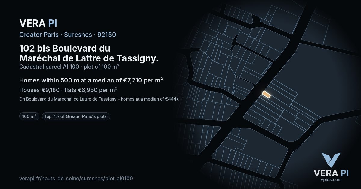 102 bis Boulevard du Maréchal de Lattre de Tassigny, Suresnes at night – the plot lit, the parcels around coloured by the prices near them