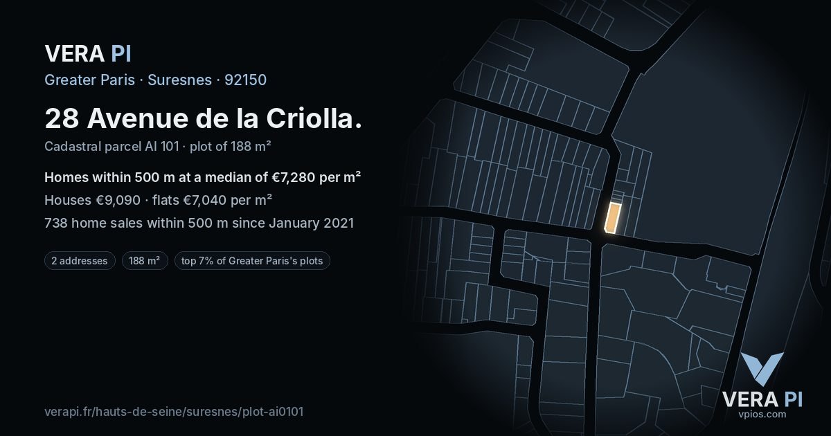 28 Avenue de la Criolla, Suresnes at night – the plot lit, the parcels around coloured by the prices near them