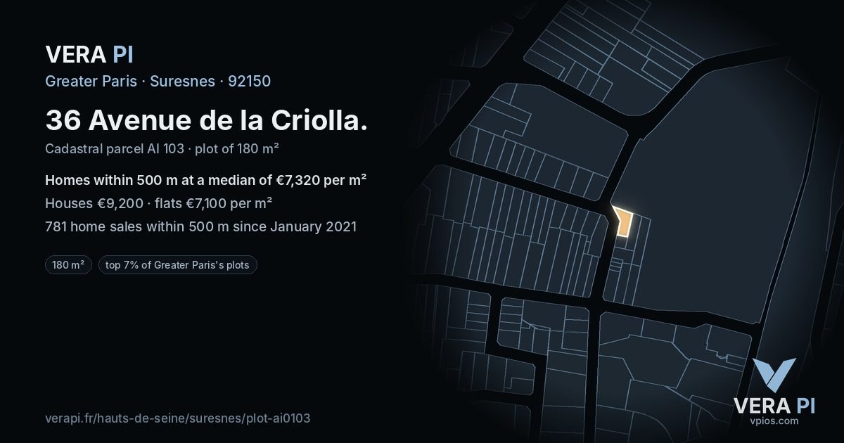 36 Avenue de la Criolla, Suresnes at night – the plot lit, the parcels around coloured by the prices near them