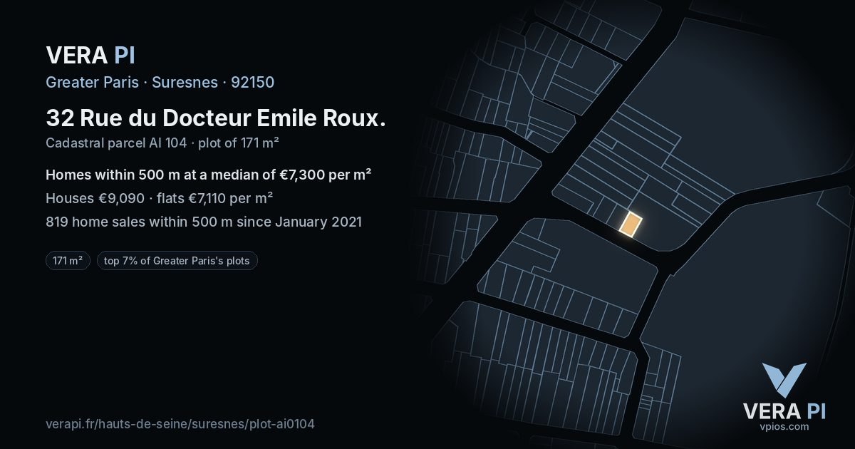32 Rue du Docteur Emile Roux, Suresnes at night – the plot lit, the parcels around coloured by the prices near them