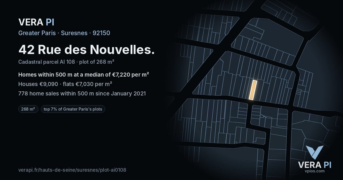 42 Rue des Nouvelles, Suresnes at night – the plot lit, the parcels around coloured by the prices near them