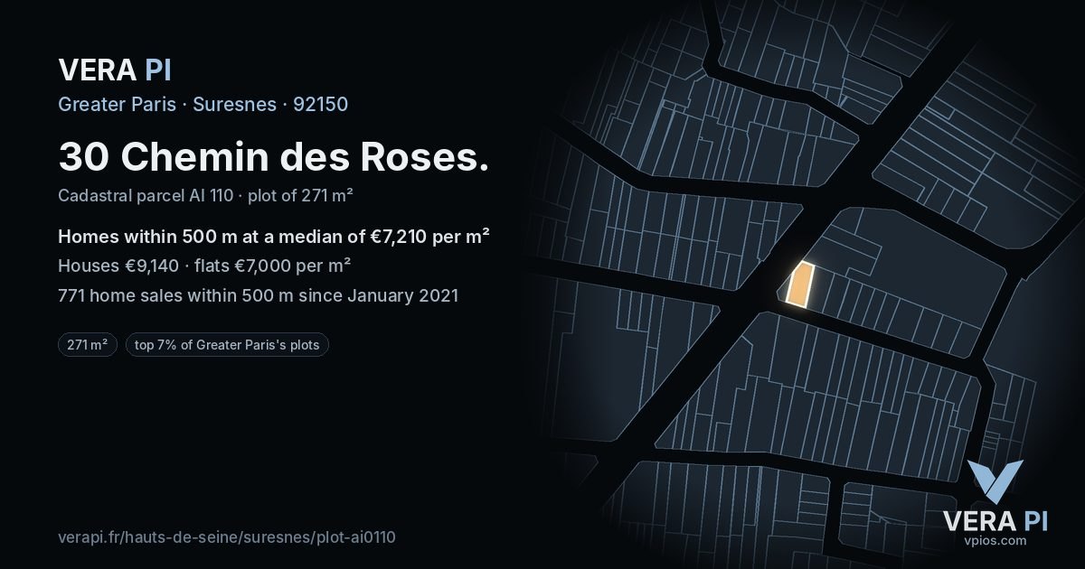30 Chemin des Roses, Suresnes at night – the plot lit, the parcels around coloured by the prices near them