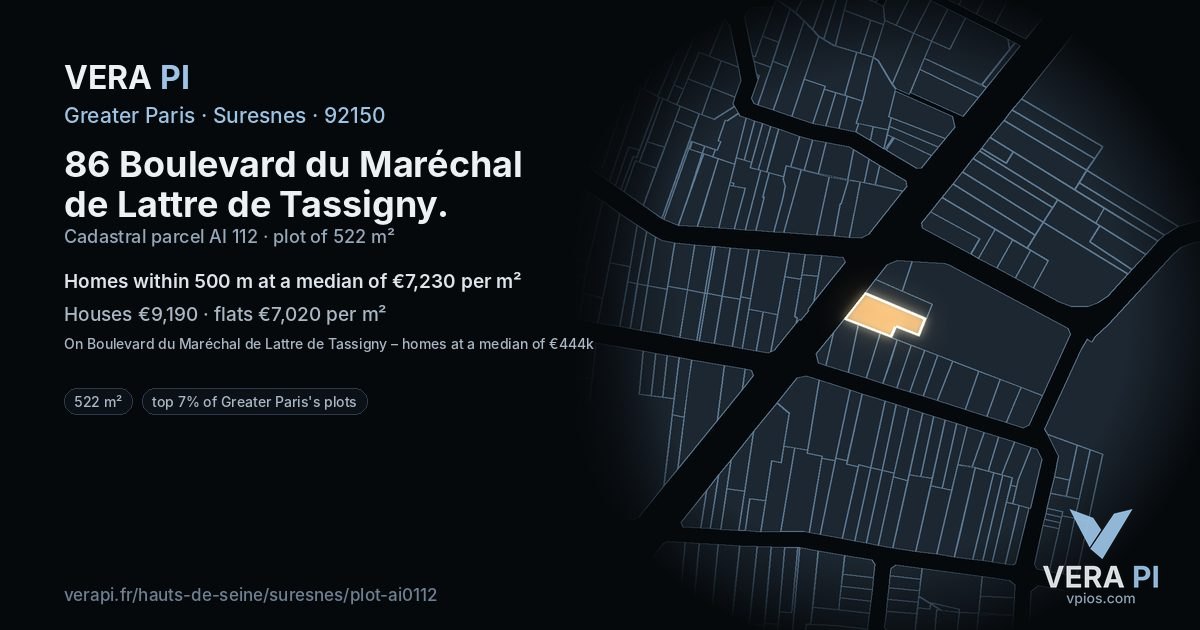 86 Boulevard du Maréchal de Lattre de Tassigny, Suresnes at night – the plot lit, the parcels around coloured by the prices near them