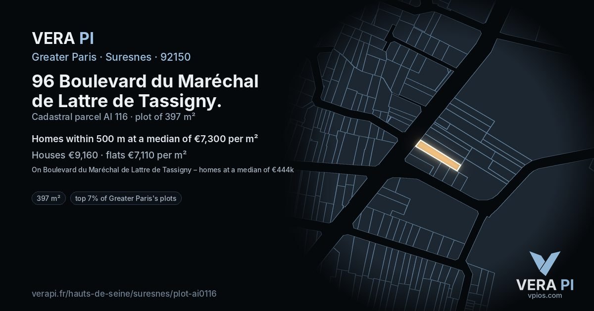 96 Boulevard du Maréchal de Lattre de Tassigny, Suresnes at night – the plot lit, the parcels around coloured by the prices near them