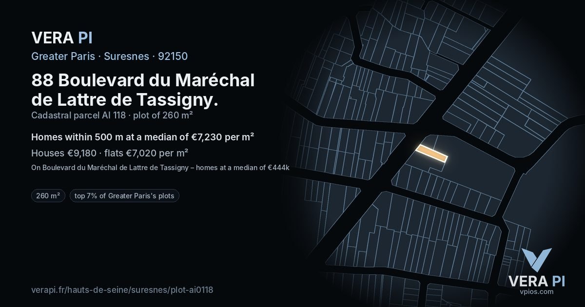 88 Boulevard du Maréchal de Lattre de Tassigny, Suresnes at night – the plot lit, the parcels around coloured by the prices near them