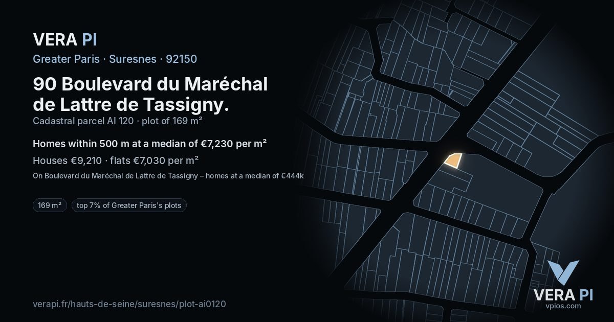 90 Boulevard du Maréchal de Lattre de Tassigny, Suresnes at night – the plot lit, the parcels around coloured by the prices near them
