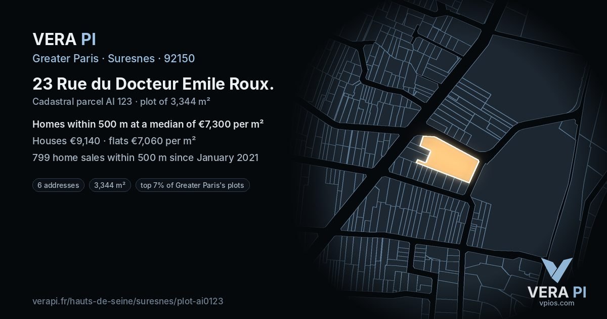 23 Rue du Docteur Emile Roux, Suresnes at night – the plot lit, the parcels around coloured by the prices near them