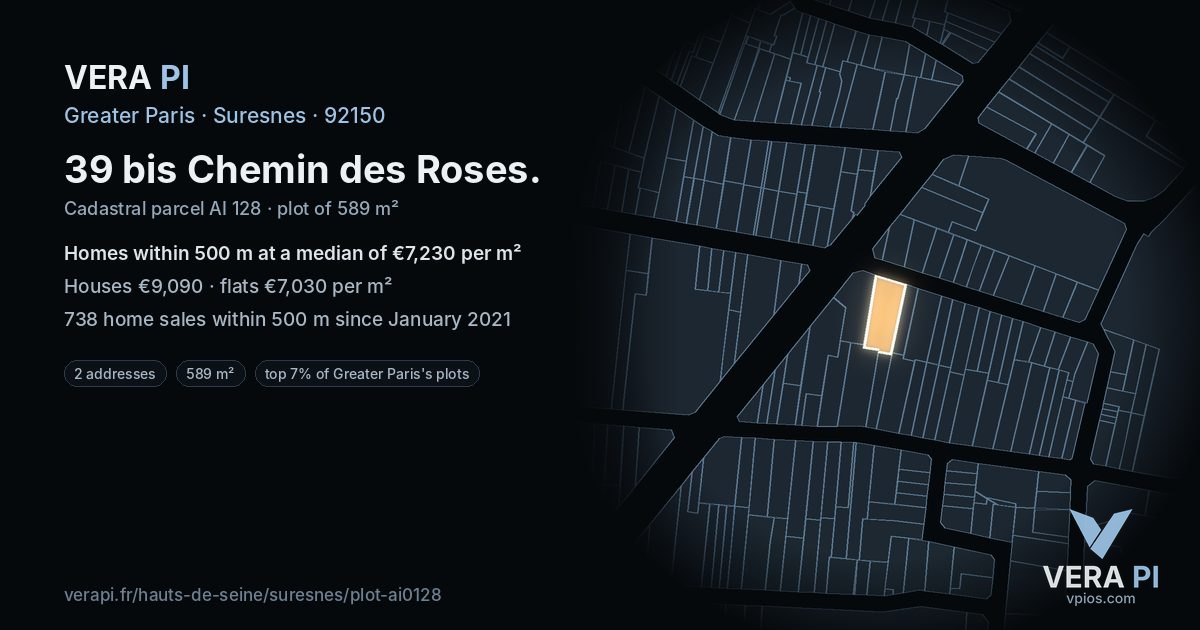 39 bis Chemin des Roses, Suresnes at night – the plot lit, the parcels around coloured by the prices near them