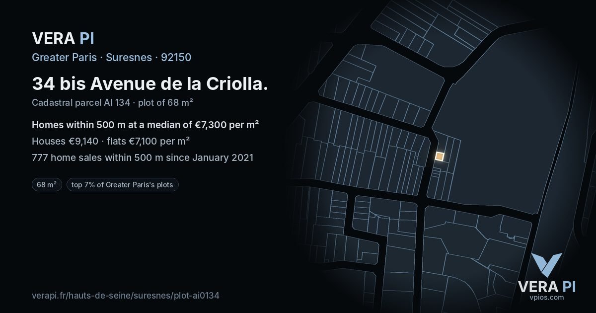 34 bis Avenue de la Criolla, Suresnes at night – the plot lit, the parcels around coloured by the prices near them