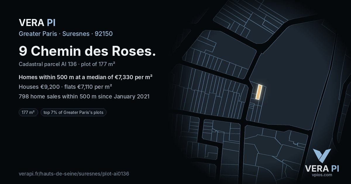 9 Chemin des Roses, Suresnes at night – the plot lit, the parcels around coloured by the prices near them