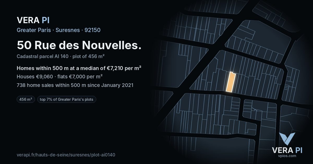 50 Rue des Nouvelles, Suresnes at night – the plot lit, the parcels around coloured by the prices near them