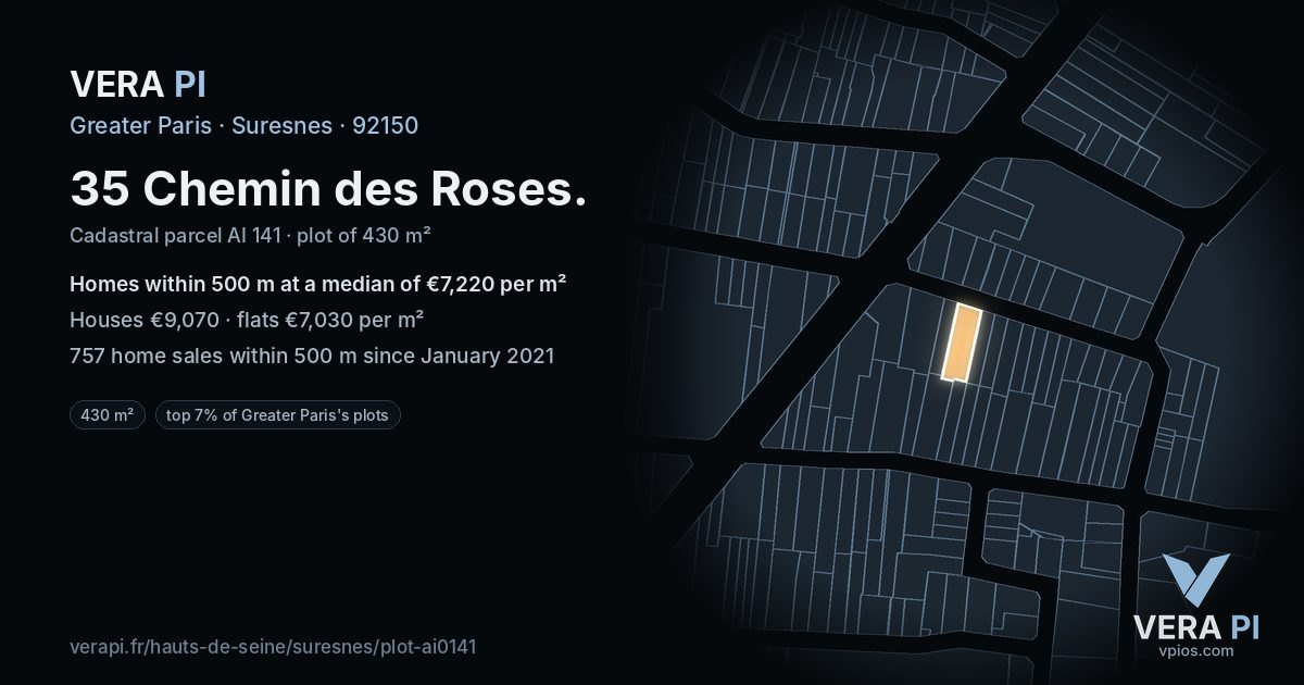 35 Chemin des Roses, Suresnes at night – the plot lit, the parcels around coloured by the prices near them