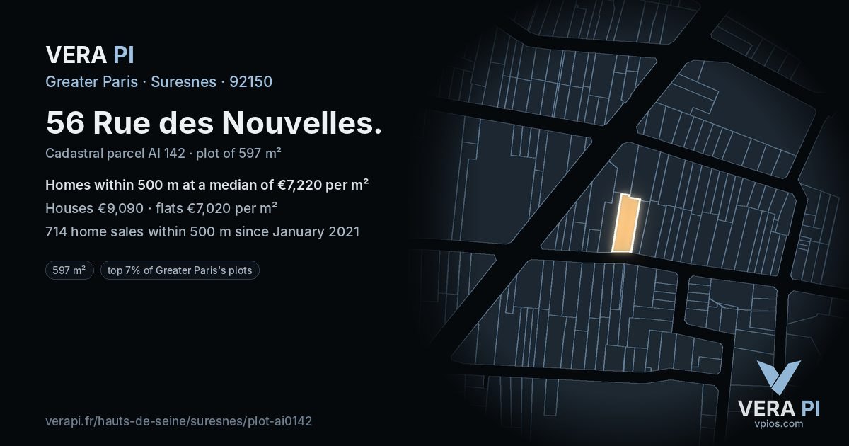 56 Rue des Nouvelles, Suresnes at night – the plot lit, the parcels around coloured by the prices near them