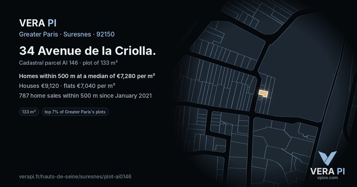 34 Avenue de la Criolla, Suresnes at night – the plot lit, the parcels around coloured by the prices near them