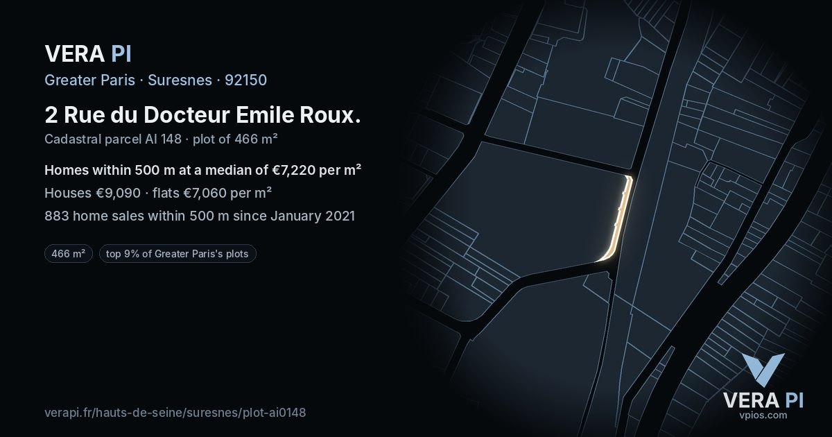 2 Rue du Docteur Emile Roux, Suresnes at night – the plot lit, the parcels around coloured by the prices near them