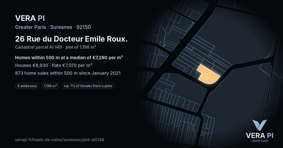 26 Rue du Docteur Emile Roux, Suresnes at night – the plot lit, the parcels around coloured by the prices near them