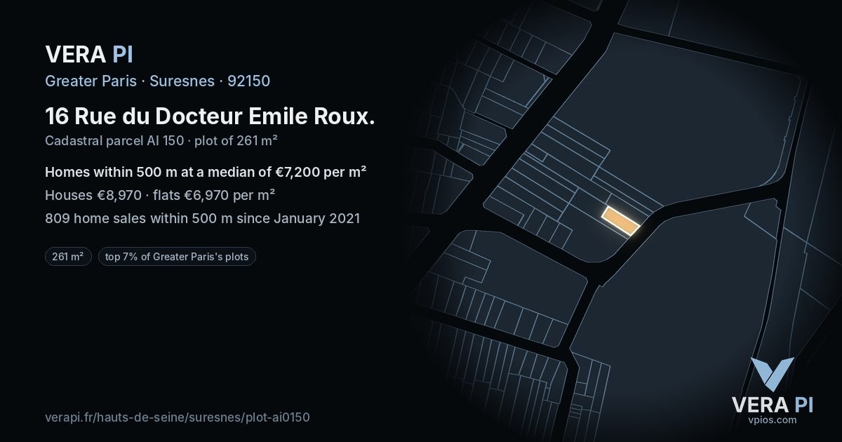 16 Rue du Docteur Emile Roux, Suresnes at night – the plot lit, the parcels around coloured by the prices near them