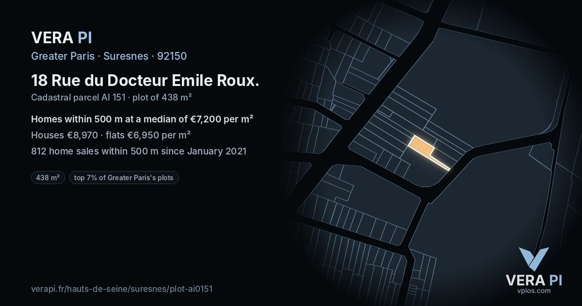18 Rue du Docteur Emile Roux, Suresnes at night – the plot lit, the parcels around coloured by the prices near them