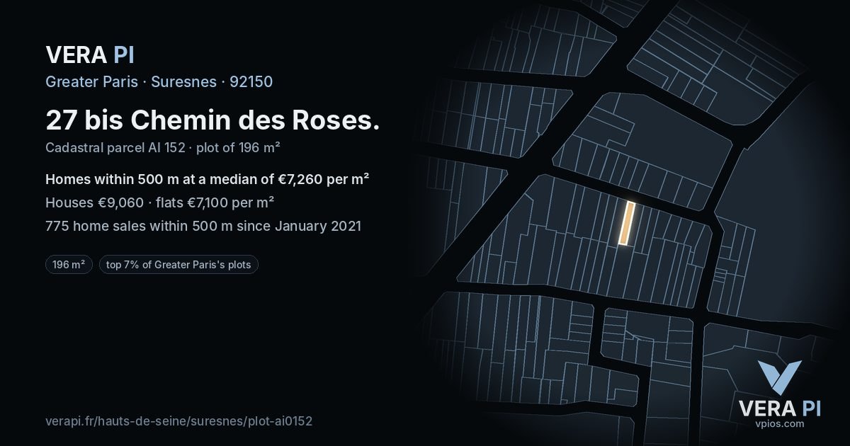 27 bis Chemin des Roses, Suresnes at night – the plot lit, the parcels around coloured by the prices near them