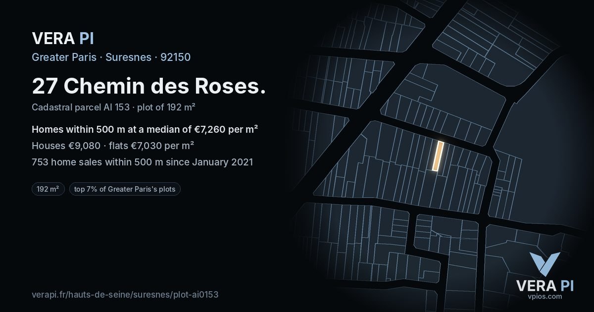 27 Chemin des Roses, Suresnes at night – the plot lit, the parcels around coloured by the prices near them