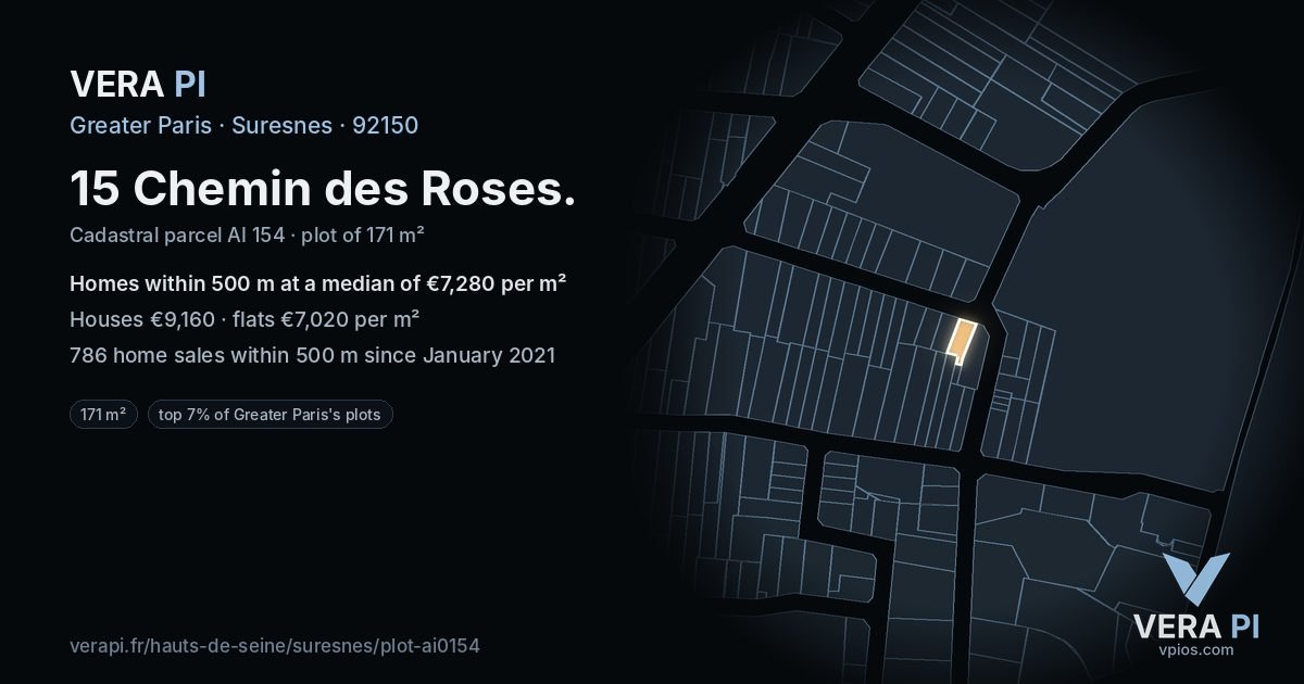 15 Chemin des Roses, Suresnes at night – the plot lit, the parcels around coloured by the prices near them