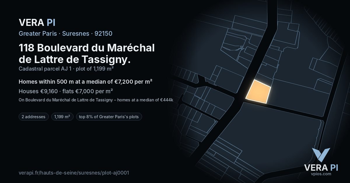 118 Boulevard du Maréchal de Lattre de Tassigny, Suresnes at night – the plot lit, the parcels around coloured by the prices near them