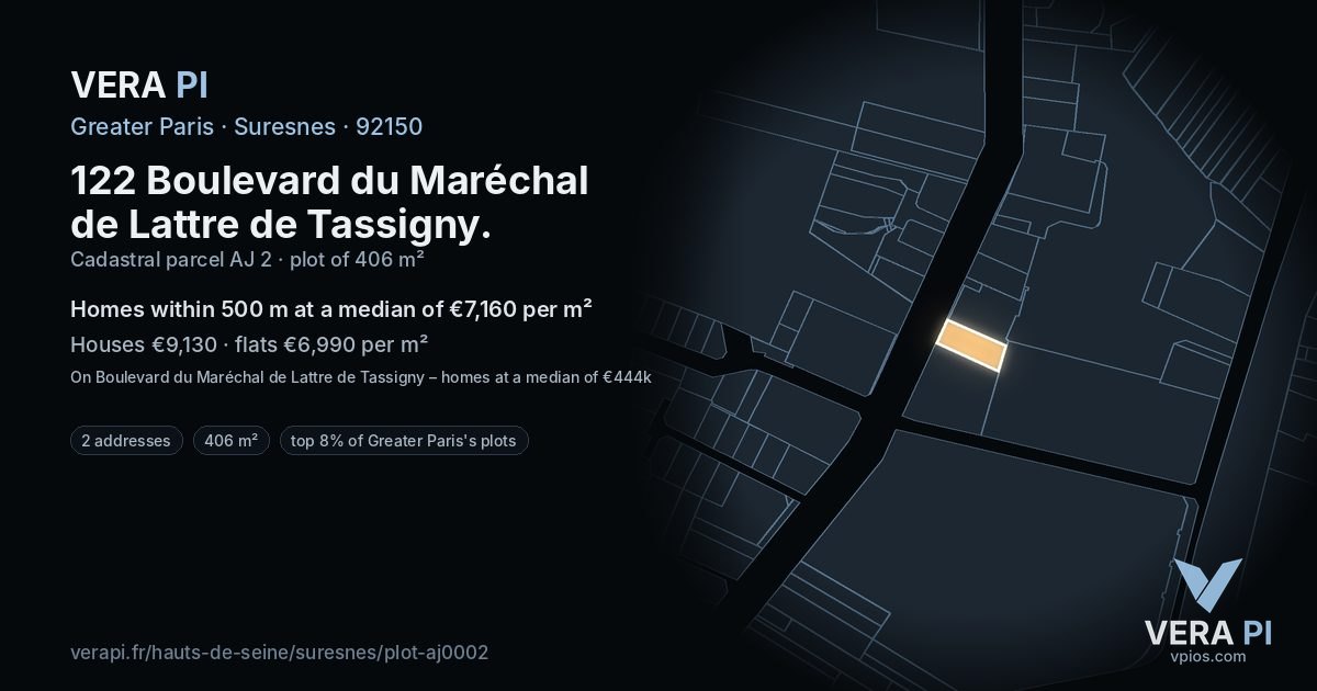 122 Boulevard du Maréchal de Lattre de Tassigny, Suresnes at night – the plot lit, the parcels around coloured by the prices near them
