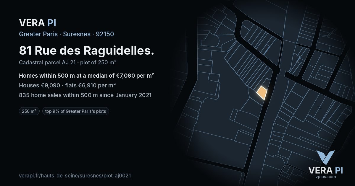 81 Rue des Raguidelles, Suresnes at night – the plot lit, the parcels around coloured by the prices near them