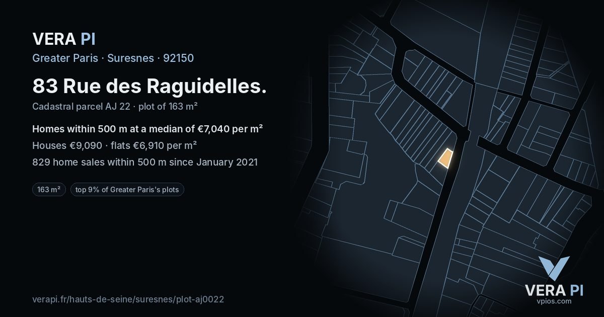 83 Rue des Raguidelles, Suresnes at night – the plot lit, the parcels around coloured by the prices near them