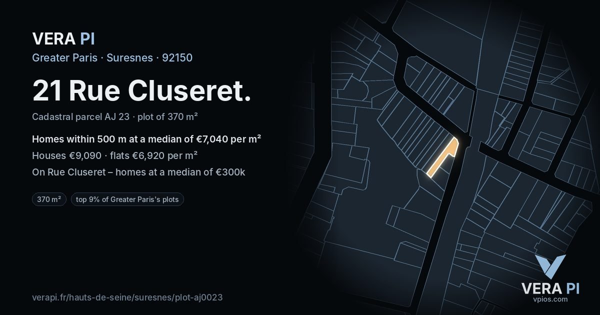 21 Rue Cluseret, Suresnes at night – the plot lit, the parcels around coloured by the prices near them