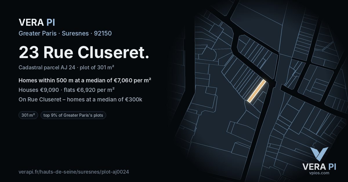 23 Rue Cluseret, Suresnes at night – the plot lit, the parcels around coloured by the prices near them