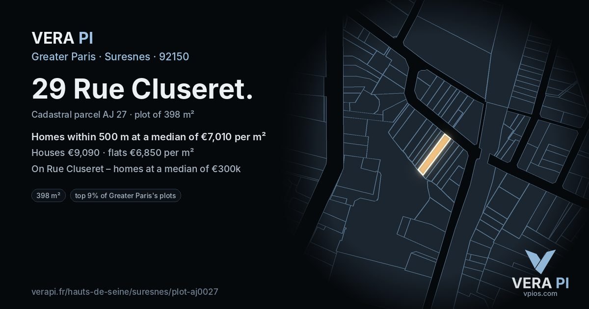 29 Rue Cluseret, Suresnes at night – the plot lit, the parcels around coloured by the prices near them