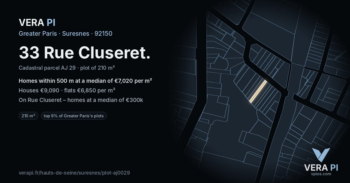 33 Rue Cluseret, Suresnes at night – the plot lit, the parcels around coloured by the prices near them
