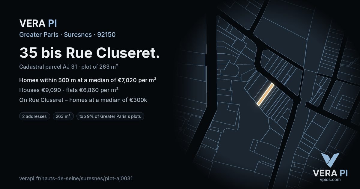 35 bis Rue Cluseret, Suresnes at night – the plot lit, the parcels around coloured by the prices near them