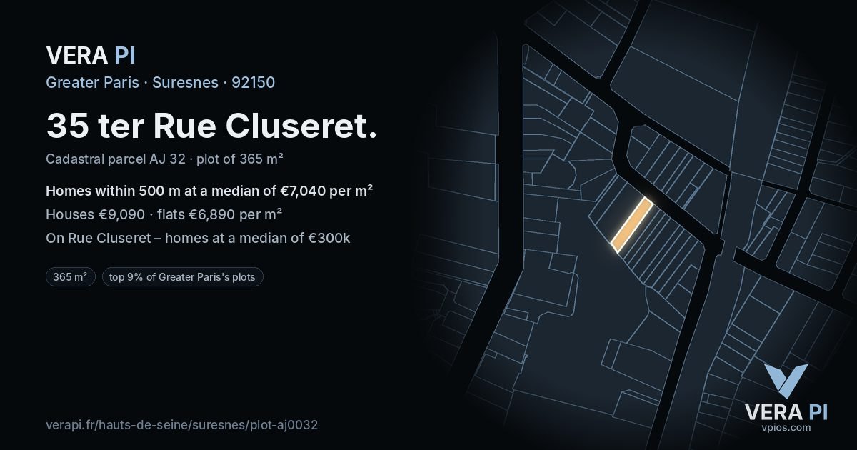 35 ter Rue Cluseret, Suresnes at night – the plot lit, the parcels around coloured by the prices near them