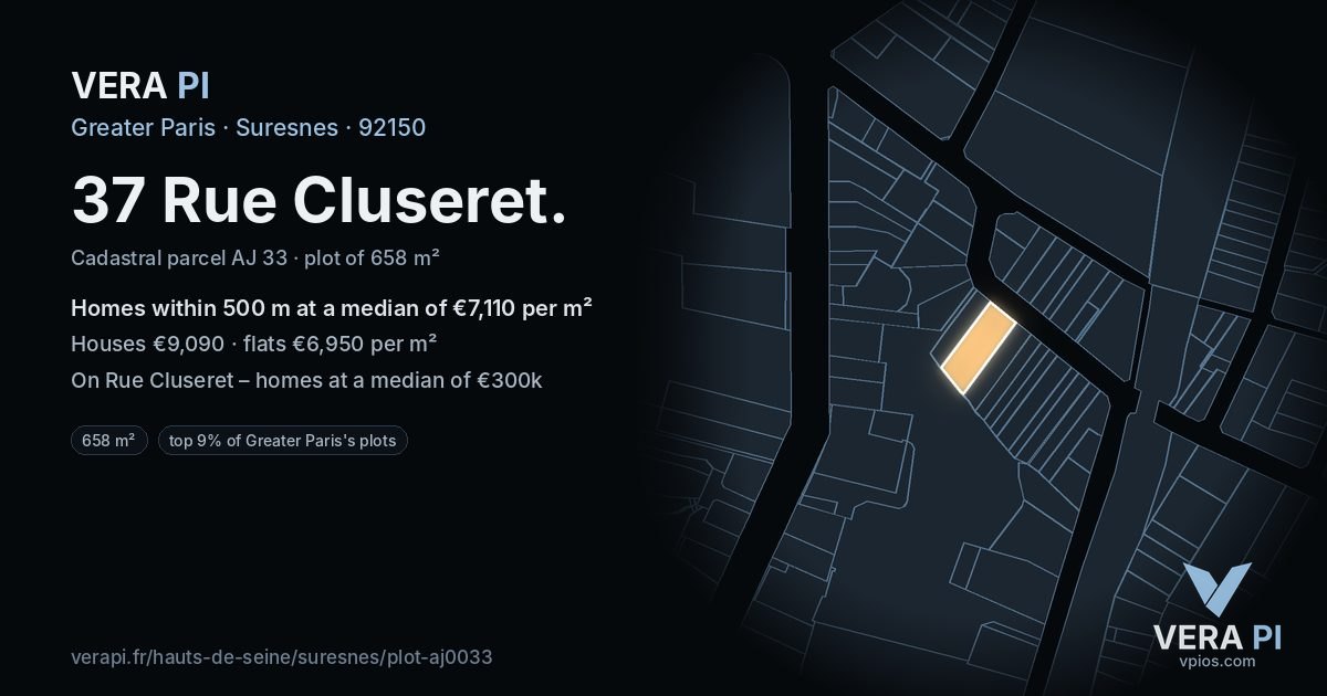 37 Rue Cluseret, Suresnes at night – the plot lit, the parcels around coloured by the prices near them