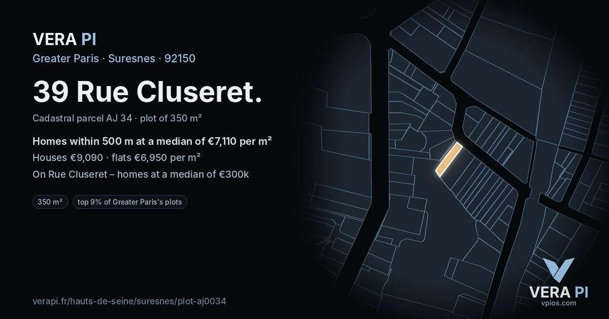 39 Rue Cluseret, Suresnes at night – the plot lit, the parcels around coloured by the prices near them