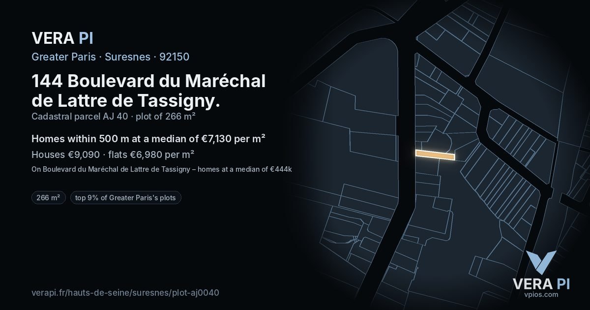 144 Boulevard du Maréchal de Lattre de Tassigny, Suresnes at night – the plot lit, the parcels around coloured by the prices near them