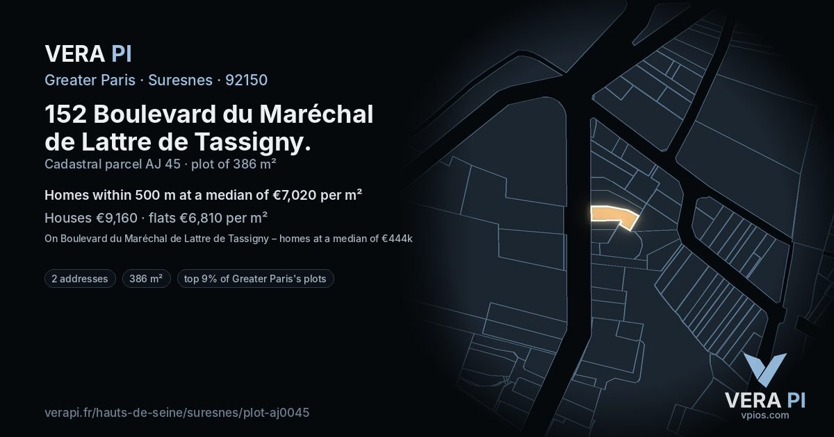 152 Boulevard du Maréchal de Lattre de Tassigny, Suresnes at night – the plot lit, the parcels around coloured by the prices near them