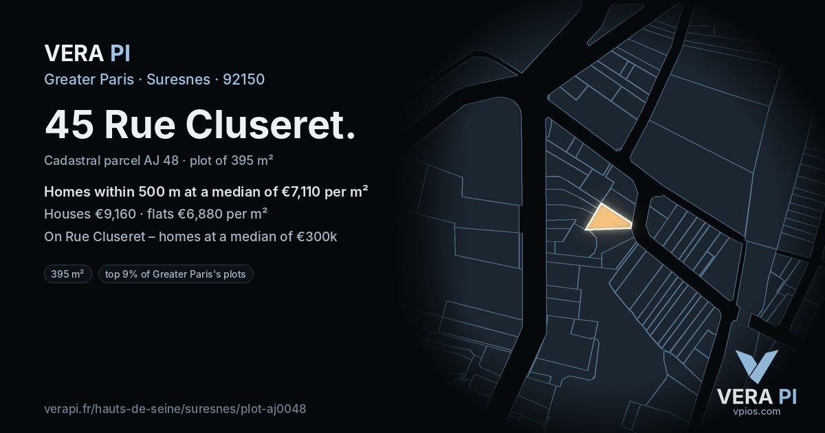 45 Rue Cluseret, Suresnes at night – the plot lit, the parcels around coloured by the prices near them
